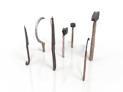Vintage Hand Tools Sickle Chisel Hammer with Wooden Handles Metal Parts on White Background 3d model
