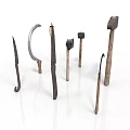 Vintage Hand Tools Sickle Chisel Hammer with Wooden Handles Metal Parts on White Background
