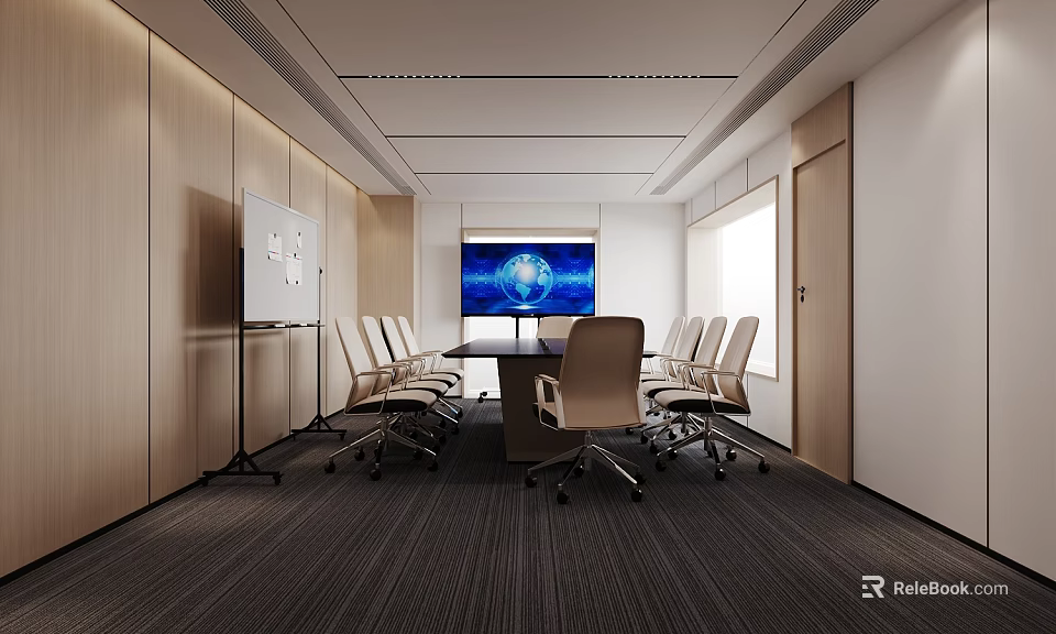 Modern Conference Room Interior With Long Table Chairs Whiteboard Large Screen Wooden Walls And Carpet 3d model 