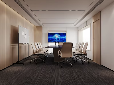 Modern Conference Room Interior With Long Table Chairs Whiteboard Large Screen Wooden Walls And Carpet 3d model