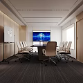 Modern Conference Room Interior With Long Table Chairs Whiteboard Large Screen Wooden Walls And Carpet