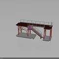 Modern Furniture Platform With Red Top White Railings Pink Stairs Yellow Columns And White Base