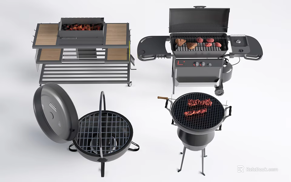 Public Outdoor Grilling Facilities With Various Types Including Wheeled Tabletop And Lid Covered Models 3d model 