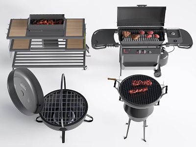 Public Outdoor Grilling Facilities With Various Types Including Wheeled Tabletop And Lid Covered Models 3d model