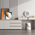 Modern Dressing Table With Round Mirror Drawers Stool And Decorative Items 3d model