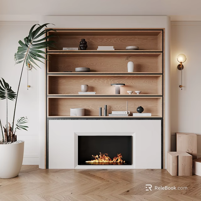 Modern Fireplace Design With Shelves Decor Potted Plant And Wall Sconce 3d model 
