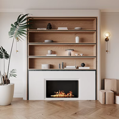 Modern Fireplace Design With Shelves Decor Potted Plant And Wall Sconce 3d model