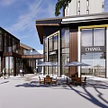 Modern Commercial Street with Glass Facades Wooden Structures and Outdoor Seating Areas