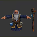 3D Cartoon Wizard Game Character With White Beard Blue Robe And Wooden Staff