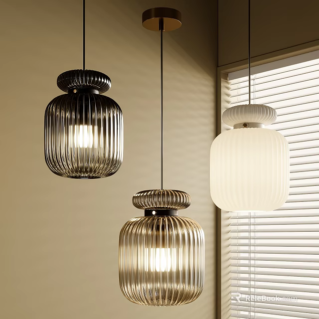 Modern Ribbed Glass Pendant Lights Black And White Shades Soft Lighting Interior Window Background 3d model 