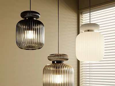Modern Ribbed Glass Pendant Lights Black And White Shades Soft Lighting Interior Window Background 3d model