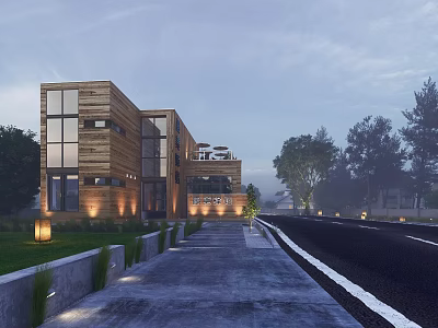 Modern Post Station Building With Wooden Exterior Glass Walls Along Roadside Street Lights And Greenery 3d model