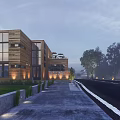 Modern Post Station Building With Wooden Exterior Glass Walls Along Roadside Street Lights And Greenery