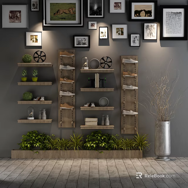 Wooden Multi Tiered Shoe Cabinet With Shoes Decor Items And Plants Against Gray Wall 3d model 