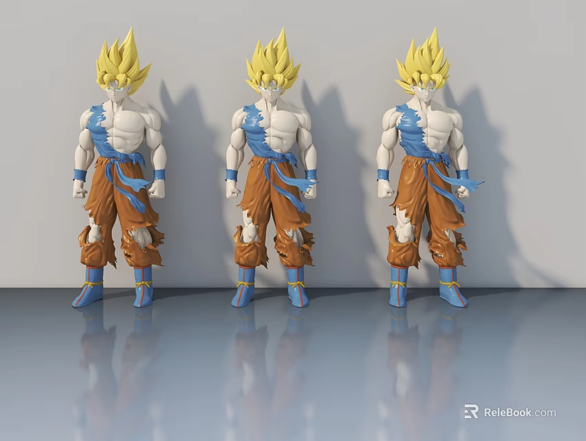Three Anime Game Characters With Spiky Yellow Hair Blue Tops Orange Pants Torn Clothing 3d model 