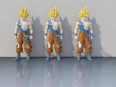 Three Anime Game Characters With Spiky Yellow Hair Blue Tops Orange Pants Torn Clothing 3d model