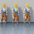 Three Anime Game Characters With Spiky Yellow Hair Blue Tops Orange Pants Torn Clothing