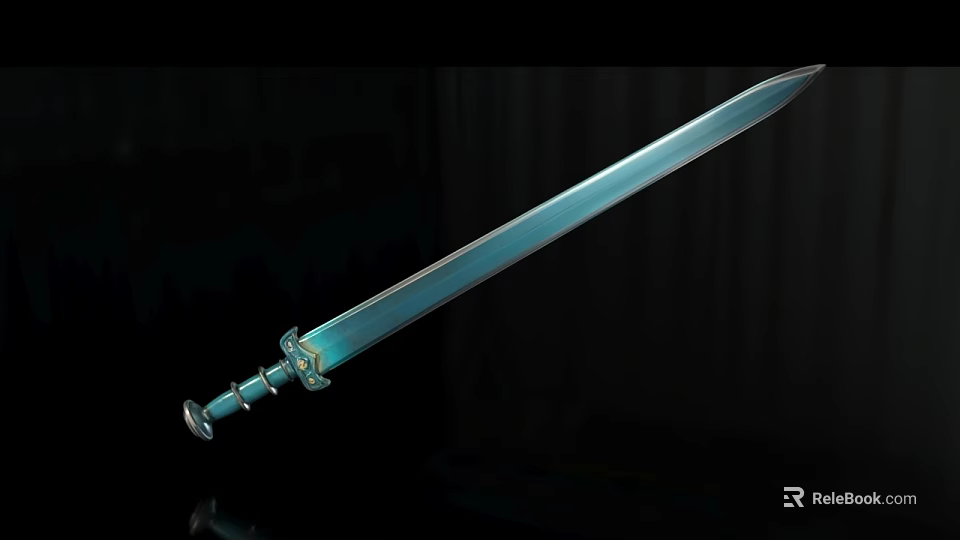 Shiny Blue Metal Sword Weapon With Decorative Hilt On Dark Background 3d model 