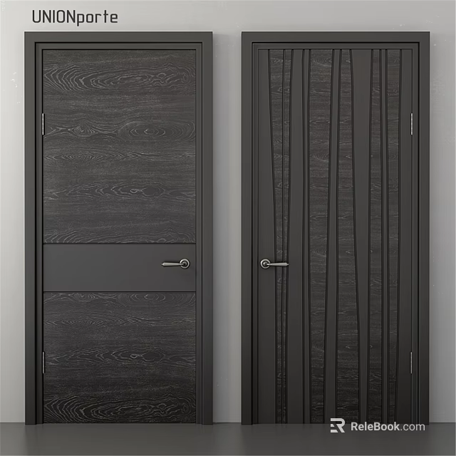 Modern Dark Wood Grain Hinged Door With Panel Design Vertical Stripes And Metal Handle 3d model 