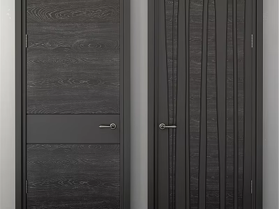 Modern Dark Wood Grain Hinged Door With Panel Design Vertical Stripes And Metal Handle 3d model