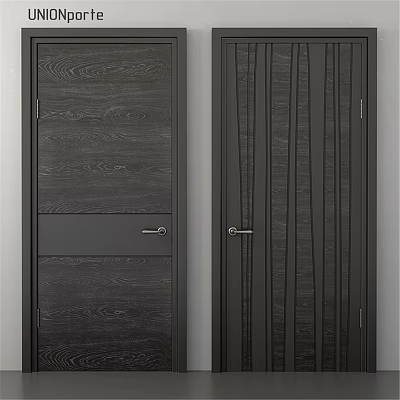 Modern Dark Wood Grain Hinged Door With Panel Design Vertical Stripes And Metal Handle 3d model