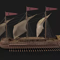 Ancient Wooden Sailing Ship With Three Masts Beige Sails Red Flags And Side Oars
