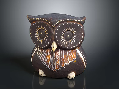 Handcrafted Brown Ceramic Owl Figurine With Intricate Eye Details And Decorative Feather Patterns 3d model