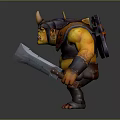 Angry Muscular 3D Monster Character In Orange Armor With Horns And Weapons