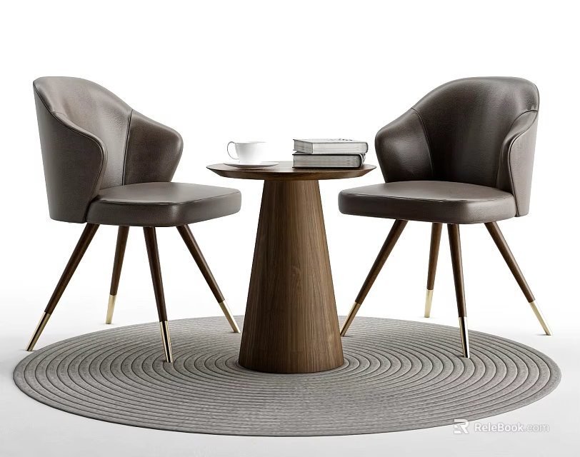 Curved Brown Leather Chairs With Golden Legs And Round Wooden Table On Grey Woven Rug 3d model 