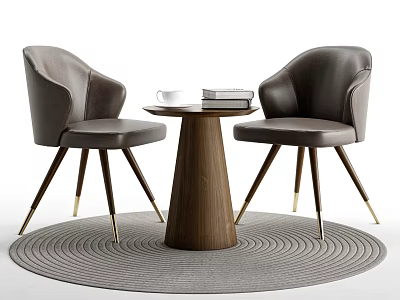 Curved Brown Leather Chairs With Golden Legs And Round Wooden Table On Grey Woven Rug 3d model