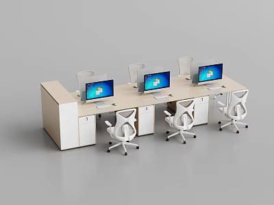 Modern Office Desk Workstation With White Ergonomic Chairs Computer Monitors And Storage Drawers 3d model
