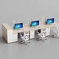 Modern Office Desk Workstation With White Ergonomic Chairs Computer Monitors And Storage Drawers