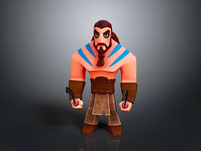 3D Game Character With Muscular Build Blue Stripes Brown Hair Beard And Clenched Fists 3d model