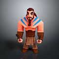 3D Game Character With Muscular Build Blue Stripes Brown Hair Beard And Clenched Fists