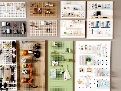 Various Styles Pegboard Wall Decor With Practical Storage And Decorative Items For Home Spaces 3d model