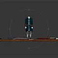 Traditional Dark Blue Coat On Mannequin With Green Purple Red Beige Fabrics On Wooden Platform