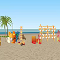 Colorful Beach Playground With Swing Surfboards Lifebuoy Climbing Structure And Palm Tree