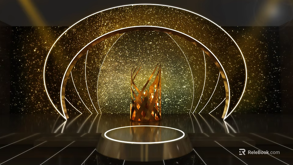 Golden Curved Structure With Illuminated Lines And Central Flame Like Sculpture On Circular Platform 3d model 