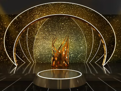 Golden Curved Structure With Illuminated Lines And Central Flame Like Sculpture On Circular Platform 3d model