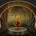 Golden Curved Structure With Illuminated Lines And Central Flame Like Sculpture On Circular Platform
