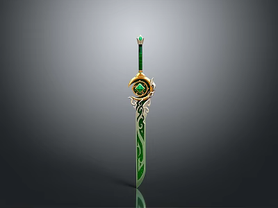 Green And Golden Decorated Sword With Emerald Gemstone On Hilt And Ornate Blade Design 3d model