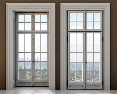White Framed Double Doors With Glass Panes And Scenic Exterior View 3d model