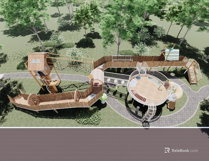 Natural Outdoor Children's Playground With Wooden Play Structures And Green Trees 3d model 