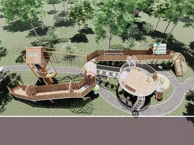Natural Outdoor Children's Playground With Wooden Play Structures And Green Trees 3d model