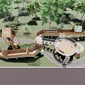 Natural Outdoor Children's Playground With Wooden Play Structures And Green Trees