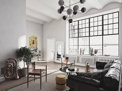 Modern Living Room Interior With Black Chandelier Large Windows And Green Plant And Black Sofa 3d model