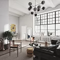 Modern Living Room Interior With Black Chandelier Large Windows And Green Plant And Black Sofa