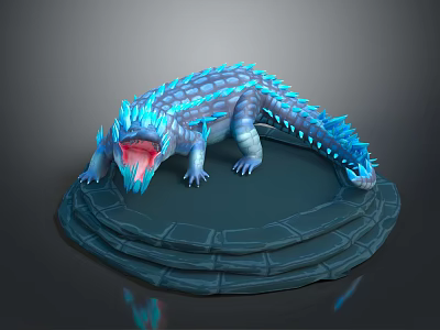 Game Movie Character Blue Icy Reptile With Open Mouth Red Interior On Stone Base 3d model