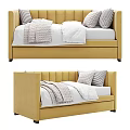 Elegant Modern Yellow Upholstered Bed With Striped Pillows And Soft Blankets 3d model
