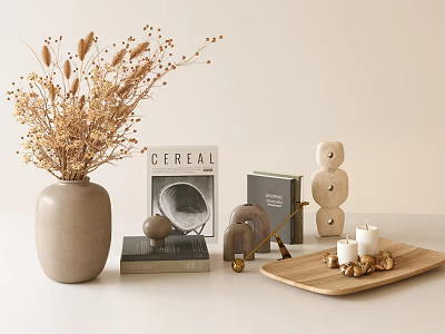 Minimalist Decorative Ornament Set with Dried Flowers Vase Books Stone Ornaments and Candle Tray 3d model